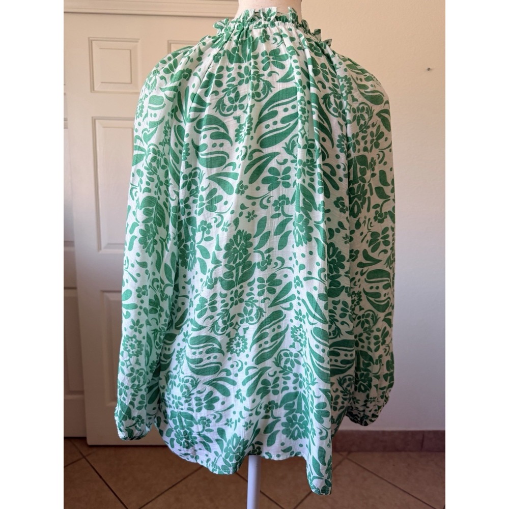 Hope & Harlow Womens L Green Floral Boho Peasant Top Tie Neck Spring Vacation - Picture 3 of 15